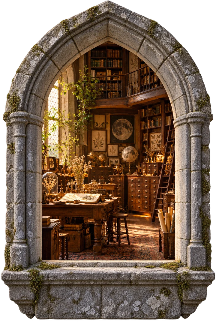 An amber-lit library through an arched castle window