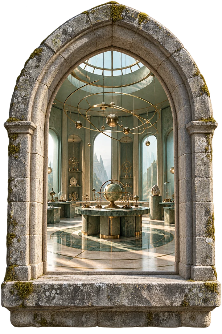 A sunlit green observatory through an arched castle window