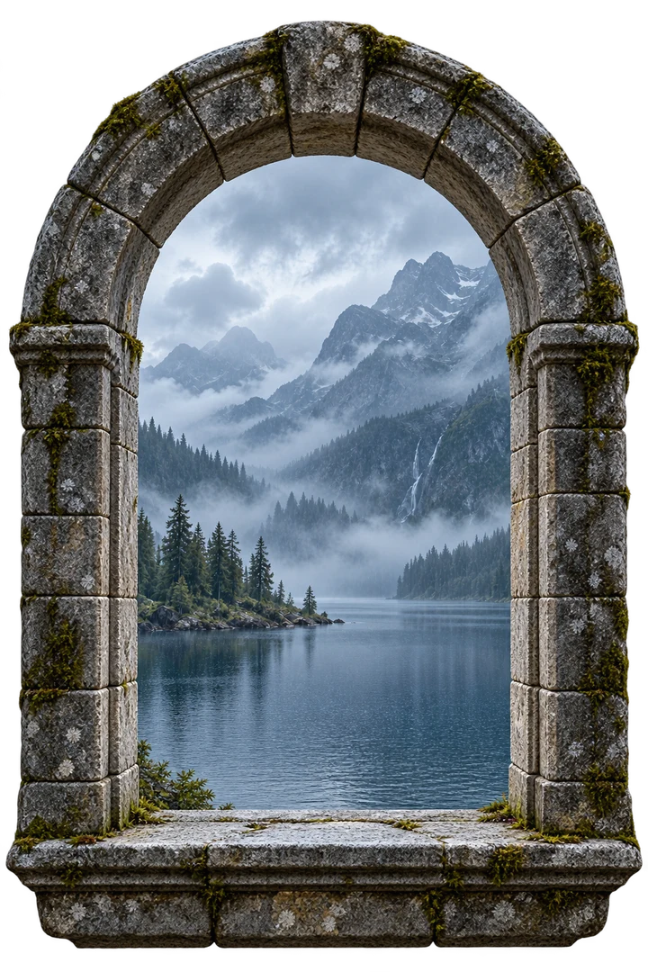 A misty forest lake through an arched castle window